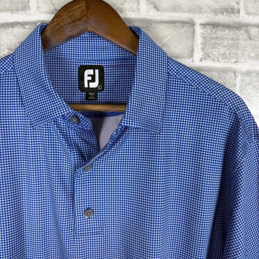 FootJoy Mens Blue White Houndstooth Golf Polo Shirt Large Short Sleeve FJ Logo